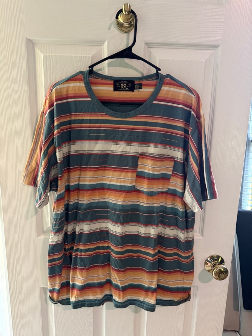 Ralph Lauren Striped Short Sleeve Pocket Tee in Teal, Orange, Yellow, White